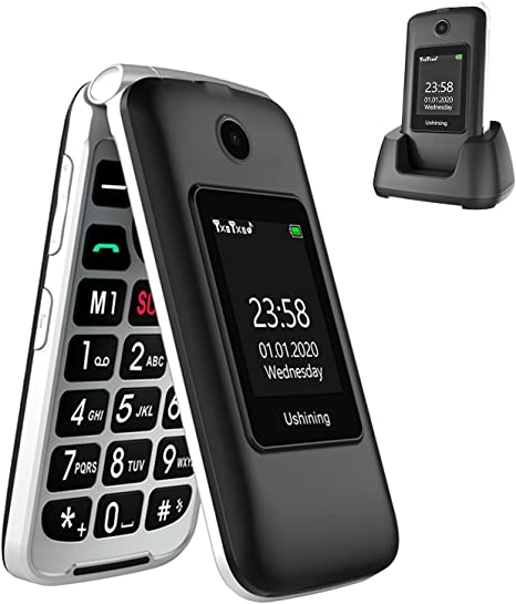 Ushining 3G Senior Flip Phones Unlocked Canada Dual Screen Basic Cell Phone Large Volume Big Button Mobile Phone with Charging Dock for Seniors（Black）