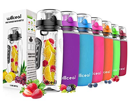 Willceal Fruit Infuser Water Bottle 32oz Durable, Large - BPA Free Tritan, Flip Lid, Leak Proof Design - Sports, Camping