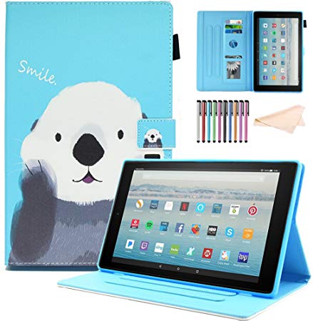 AMotie Case for All-New Amazon Fire HD 10 Tablet (7th Generation, 2017 Release) - Cute Pattern [Multi-Angle Viewing] [Auto Wake Sleep] Leather Full Protective Cases and Covers, Sea Otter