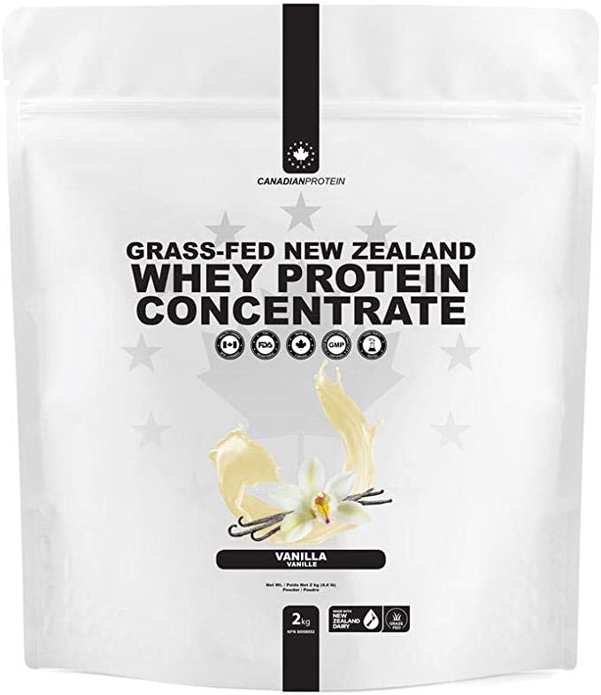 Canadian Protein Grass-Fed New Zealand Whey Concentrate 24g of Protein | 2 kg of Vanilla Low Carb Keto Friendly Workout Recovery Drink | Undenatured Whey Protein Shake