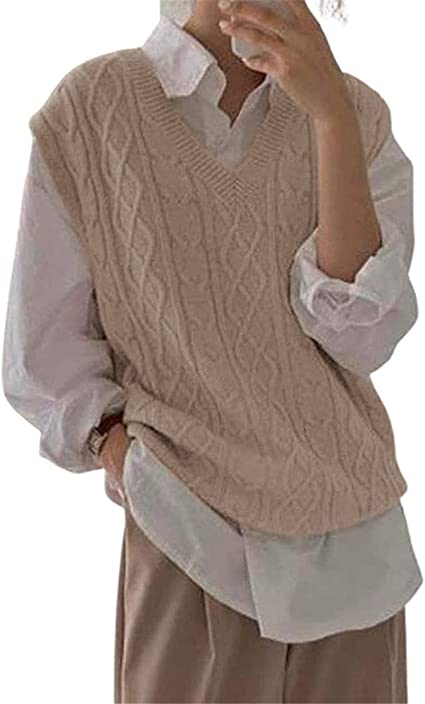 Women's V Neck Sweater Vest Oversized Sleeveless Loose Knit Tops Cable Sleeveless Sweater