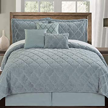 Home Soft Things Serenta Faux Fur Ogee Embroidery 7 Piece Bedspread Quilts Set, Queen, Blurish Gray