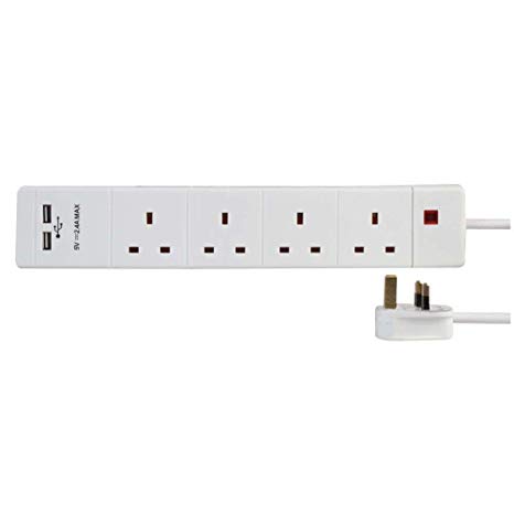 Ex-Pro 4 Gang Way 1m 13A Mains Power 2 x USB Charge Ports 2.4A 5v Extension Socket Cable - White