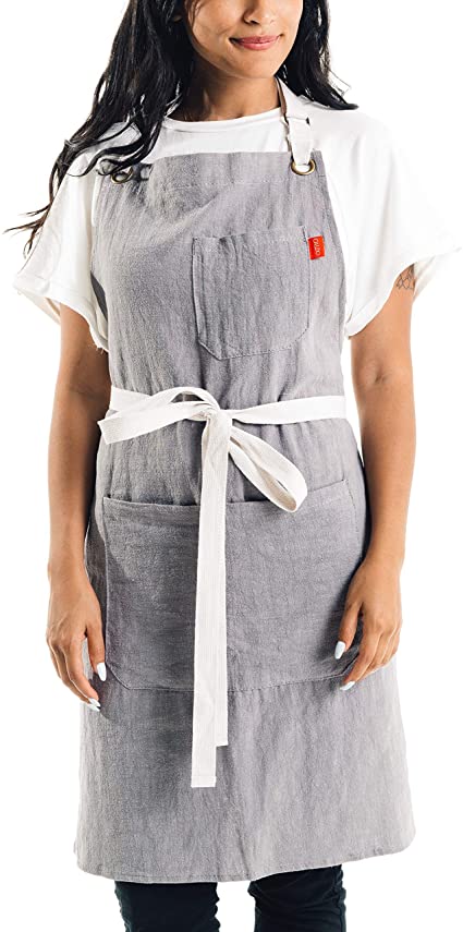 Caldo Linen Kitchen Apron - Mens and Womens Linen Bib Apron - Adjustable with Pockets (Grey)