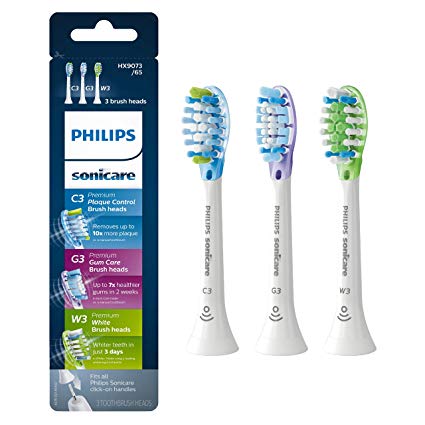 Philips Sonicare replacement toothbrush head variety pack - 1 Premium Plaque Control   1 Premium Gum Care   1 Premium White, HX9073/65, Smart recognition, White 3-pk