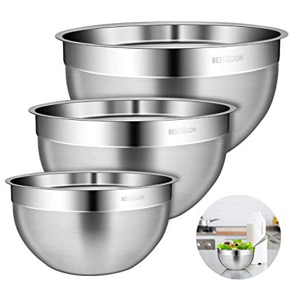 BESTONZON Durable 304 Stainless Steel Mixing Bowls for Serving, Baking, Cooking Supplies, Nesting Set of 3 Includes 1 Qt, 3 Qt, 4 Qt