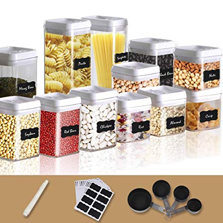 Airtight Food Storage Container, Dry Food Seal Pot, Plastic Jar Keeper 12 Piece Set with 18 Labels, Chalk Marker and 4 Piece Measuring Cups, Plastic Airtight with Interchangeable Easy Lock Lids