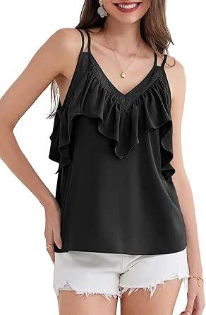 GRACE KARIN 2024 Summer V Neck Lace Trim Ruffled Tank Tops Spaghetti Strap Sleeveless Casual Strappy Camisole Shirts