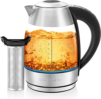 Chefman 1.8L Digital Electric Glass Kettle  w/Rapid-Boiling & 7 Presets for Precise Temperature, Stainless Steel Tea Infuser Included, Advanced Digital Control