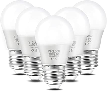 Vicloon LED E27 Light Bulbs, 5 Pcs 3W G45 E27 LED Golf Ball Light Bulb, 25W Incandescent Bulb Equivalent, Cold White 6500K, 280LM, No Dimmable