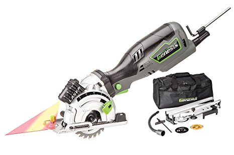 Genesis GPCS535CK 5.8 Amp, 3-1/2” Control Grip Plunge Compact Circular Saw Kit with Laser,  Miter Base, 3 assorted blades, Vacuum Adapter Hose, Rip Guide and Carrying bag