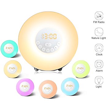 Auraglow Colour Changing LED Sunrise Simulation Wake Up Alarm Clock with Nature Sounds & FM Radio