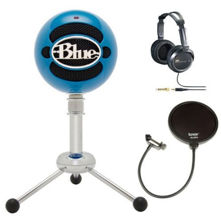 Blue Microphones Snowball USB Microphone (Electric Blue) with JVC Full-Size Studio Headphones & Microphone Pop Filter