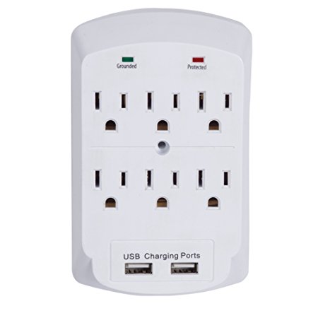 6 Outlet Space Saving Wall Tap with 2 USB Ports 2.1A, 300 Joules, Surge Protected, White Finish, Globe Electric 78071