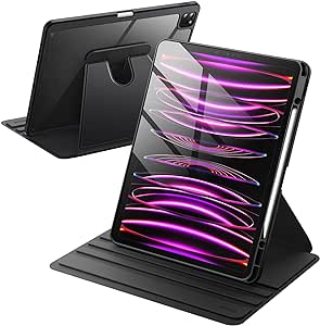 JETech Rotating Case for iPad Pro 12.9-Inch (2022/2021/2020/2018) with Pencil Holder, 360 Degree Rotation Protective Stand Cover Clear Back, Auto Wake/Sleep (Black)