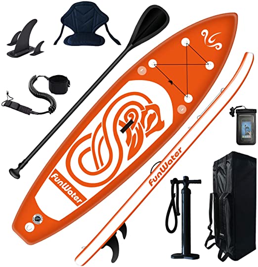 FunWater SUP Inflatable 10'x31''x6'' Stand UP Paddle Board Ultra-Light Everything Included ISUP, Adj Paddle, Kayak Seat, Pump, SUP Backpack, Leash, Waterproof Bag, Non-slip Deckpad Youth & Adult