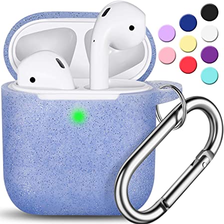 AirPods Case Cover with Keychain, Glitter Full Protective Silicone AirPods Accessories Skin Cover for Women Men Girl Boy with Apple AirPods Wireless Charging Case,Front LED Visible-Bling Blue