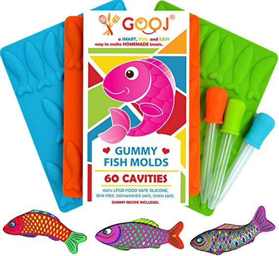 Premium 3 Pack of 60 Pieces Gummy Fish Candy Molds, 3 Droppers, Easy Recipe Great for chocolate molds, BPA Free, Perfect For Ice tray