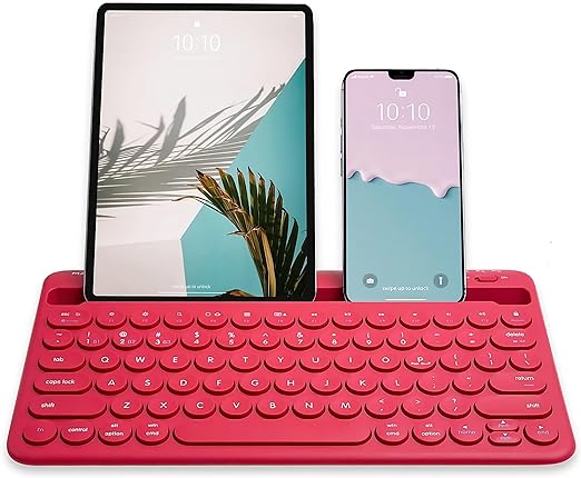 Macally Wireless Keyboard for Tablet and Phone - Multi Device Bluetooth Keyboard for iPad Mini/Pro, Android, iPhone, Smartphone - Rechargeable Small Keyboard with Built in Stand and Quiet Keys