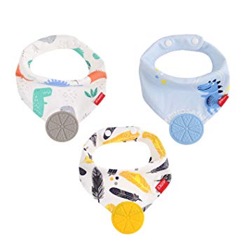 Teething Bib, AOKE Baby Bandana Drool Bibs and Teether Toys Made with 100% Organic Cotton for Boys and Girls, Super Absorbent Hypoallergenic Bibs Baby Shower Gift (3PACK)
