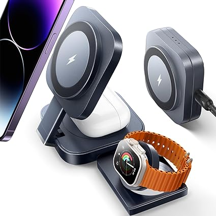 LISEN 3 in 1 Wireless Charging Station for iPhone Foldable Magsafe Charger Stand for iPhone Apple Watch Travel Wireless Charging Dock Station iPhone Night Stand for iPhone 15/14/13/12 AirPods