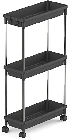 Lifewit Slim Storage Trolley, 3 Tier Slide-Out Cart Utility Rack Shelf Organiser with Wheels for Bathroom Kitchen Laundryroom Bedroom Narrow Space Storage Space-Saving, Easy Assembly, Black