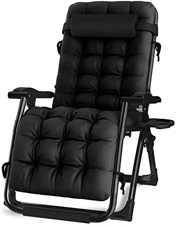 Oversized Zero Gravity Chair, Lawn Recliner, Reclining Patio Lounger Chair, Folding Portable Chaise, with Detachable Soft Cushion, Cup Holder, Adjustable Headrest, Support 500 lbs. (Black Cushion)