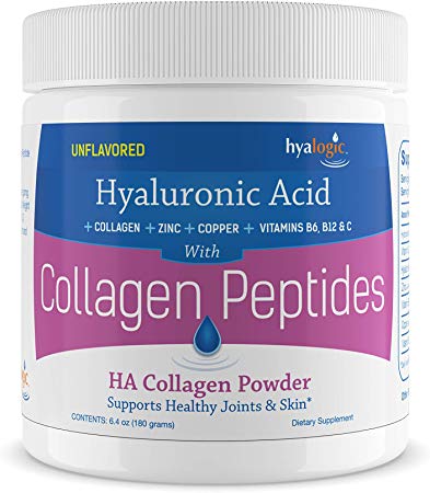 Hyalogic Collagen Peptides Powder – w/Hyaluronic Acid, Hydrolyzed Types 1 & 3, Grass Fed, Keto Protein Powder Supplement for Hair Growth, Skin, Nails, Joints Unflavored Easy to Mix 6.4 oz (180 gr.)