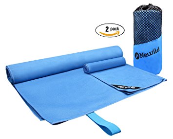 Newild 2 Packs Microfiber Towels. Fast drying and Super Absorbent Sports Towels for Camping, Gym, Beach, Swimming and Yoga – Includes Ultra Compact Suitable Mesh Bag (Color: Blue)