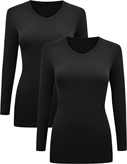BaHoki Essentials Long Sleeve V-Neck Undershirts - Great Stretch and Layering Piece - 2 Pack
