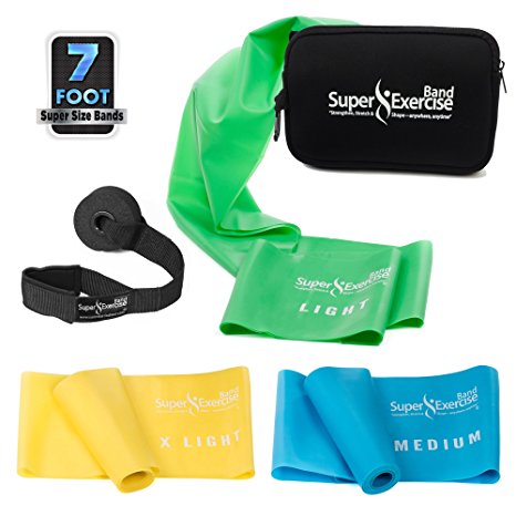 Super Exercise Band 7 ft Resistance Bands Set of 3. Ideal Fitness Gift Kit in Light, Medium, or Heavy Latex Free Bands for Strength Training or Physical Therapy with Door Anchor, Carry Pouch, ebook.