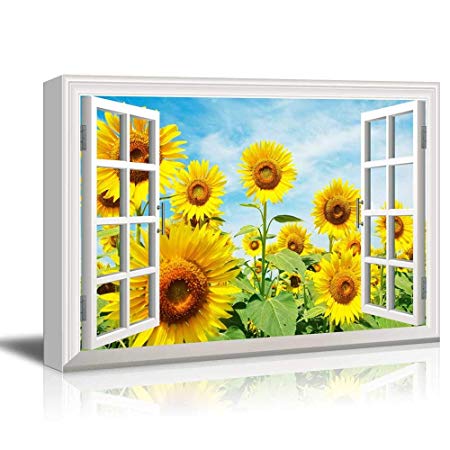 wall26 - Canvas Wall Art - Window into a Sunflower Field - Giclee Print Gallery Wrap Modern Home Decor Ready to Hang - 12x18 inches