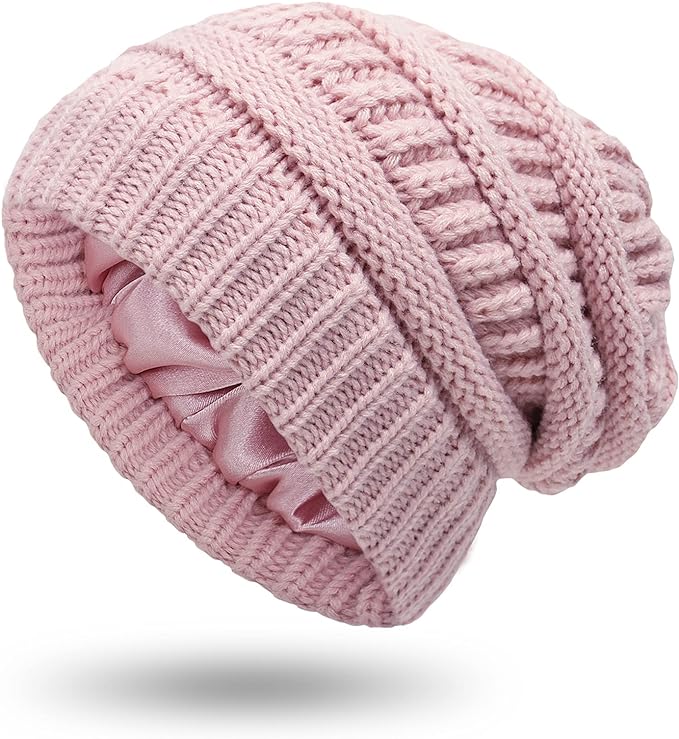 Muryobao Womens Winter Warm Knitted Hat Satin Silk Lined Cable Knit Beanie Chunky Slouchy Skull Cap