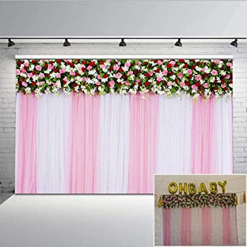 Mehofoto Beautiful Floral Backdrop Curtain Pink and White Flower Bridal Shower Photo Backdrops Wedding Birthday Party Decoration Background for Photography 7x5