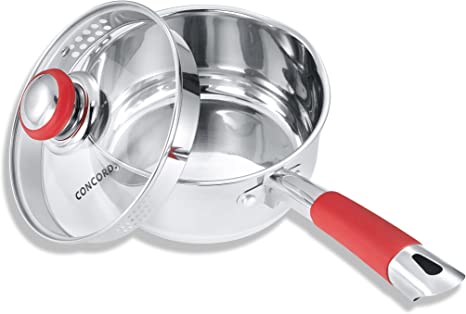 Concord 2 Quart Stainless Steel Saucepan with SIMPLE POUR Vented Glass Lid. Features Dual Pouring Spouts and Volume Marking. Perfect for making Sauces, Jam, Ramen, and more