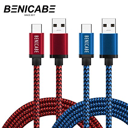 USB Type C Cable, Benicabe (6ft 2 Pack) Nylon Braided Cord USB 3.0 Fast Charger (3A) for Samsung s8 note8, LG G6 V20 G5,Google Pixel, Google Pixel, Nexus 6P 5X, Moto Z and more(Red, Blue)