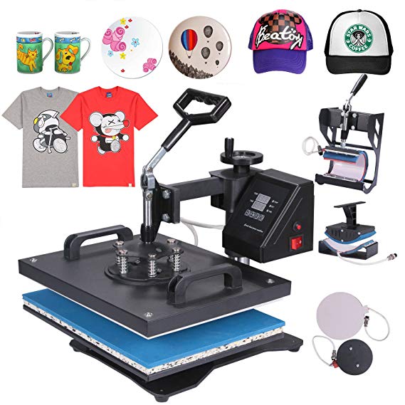 MosaicAL All in One T-Shirt Heat Press Machine Latte Mug Cup Sublimation Printing Hot Press Clamshell Transfer T-Shirt Steel Frame Latte Mug Yellow Handle (5 in 1-Digital)