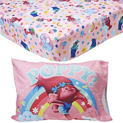 Trolls Toddler Fitted Sheet and Pillow Case, Pink