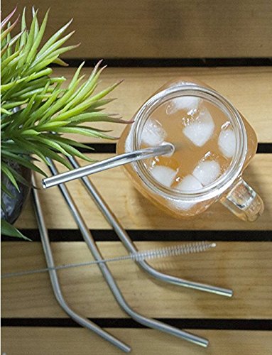 Bahoki Essentials Set of 4 8" Stainless Steel Drinking Straws With Cleaning Brush, Eco Friendly Reusable Metal Straw Set