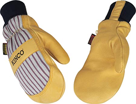 Kinco - Lined Premium Pigskin Leather Work and Ski Mitt, Heatkeep Thermal Insulation, Otto Striped Canvas, Fitted Knit Wrist, (Style No. 1927KWT)