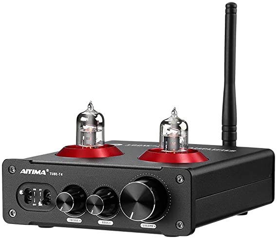 AIYIMA Tube T4 Audio 6J1 Tube Amplifier Bluetooth 5.1 HiFi Stereo Audio Power Amp 100Wx2 Vacuum Tube Amp Stereo Receiver APTX-HD for Home Theater System   DC 32V Power Adapter (Black- T4)