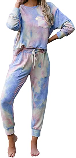 Dokotoo Womens Tie Dye Print Pajamas Set Long Sleeve Tops and Pants Pocketed Pjs Joggers Sleepwear Loungewear