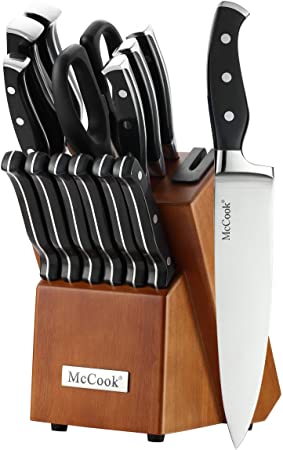 McCook MC23A Kitchen Knife Sets,15 Pieces German Stainless Steel Knife Set with Built-in Sharpener and Wooden Block