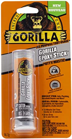 Gorilla All Purpose Epoxy Putty Stick, Adhesive, Sealer, Waterproof, Non-Rusting, Hand-Mixable, 10 Min. Set Time, 2 ounce Tube, Gray, (Pack of 1), 4261702