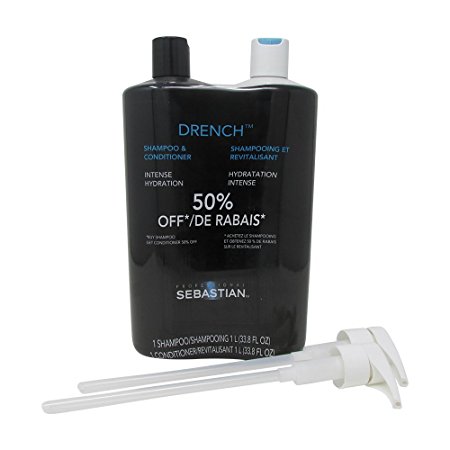Bundle-4 Items : Sebastian Drench Moisturizing Shampoo and Conditioner Set 33.8 Ounces/1L & Liter pumps (2)