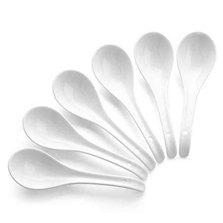 DOWAN Bone China Asian Soup Spoons Set with Hook, Dessert Spoons, 6.75 Inches, Set of 6