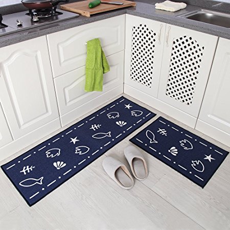 Carvapet 2 Piece Non-Slip Kitchen Mat Rubber Backing Doormat Runner Rug Set, Fish Shell Design (Navy 15"x47" 15"x23")