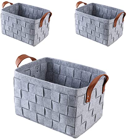 Perber Large Foldable Storage Bin Basket Set [3-Pack] Collapsible Sturdy Felt Fabric Storage Box Cube W/Handles for Organizing Shelf Nursery Home Closet & Office - Grey 151010 Set of 3