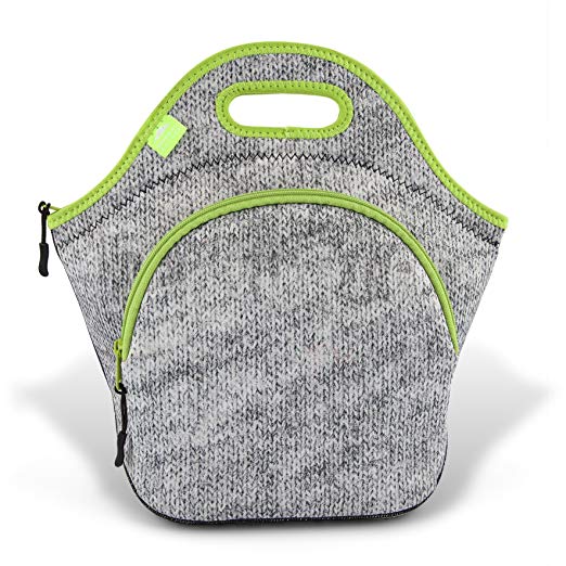 Insulated Large Neoprene Lunch Bag For Women, Men & Kids | Pocket | 5mm Insulation | 13.5” | Reusable | Washable | Soft Designer Pattern 5mm Neoprene | Best YKK Zipper In The World | Grey Melange