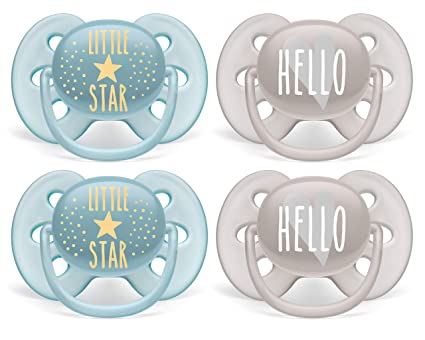 Philips AVENT Ultra Soft Pacifier, 6-18 Months, Little Star and Hello Designs, 4 Pack, Blue/Grey SCF223/41